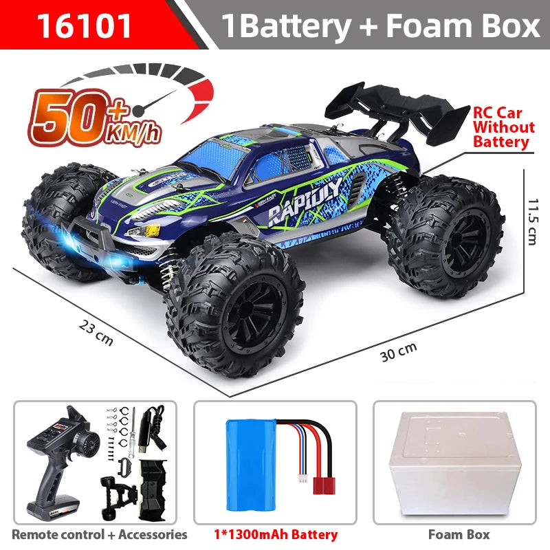 RC car with remote control, reaches 50+ km/h, includes 1 battery, foam box, and accessories.