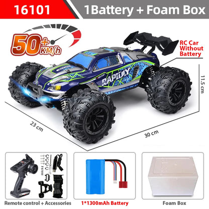 RC car with remote control, reaches 50+ km/h, includes 1 battery, foam box, and accessories.