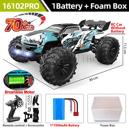 16102PRO RC car with brushless motor, reaches 70+ km/h, includes 1 battery and foam box.