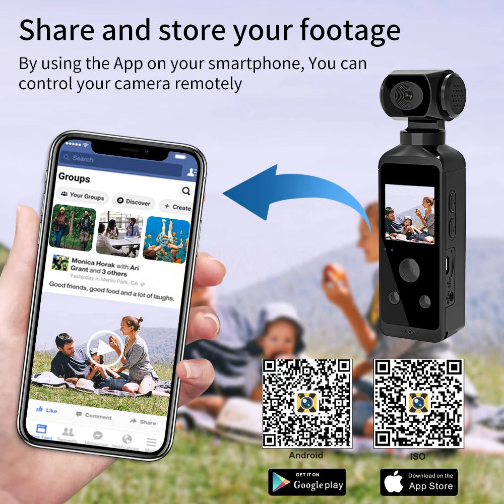4K HD Pocket Action Camera, the app lets you share and store footage on your smartphone . you can control your camera remotely