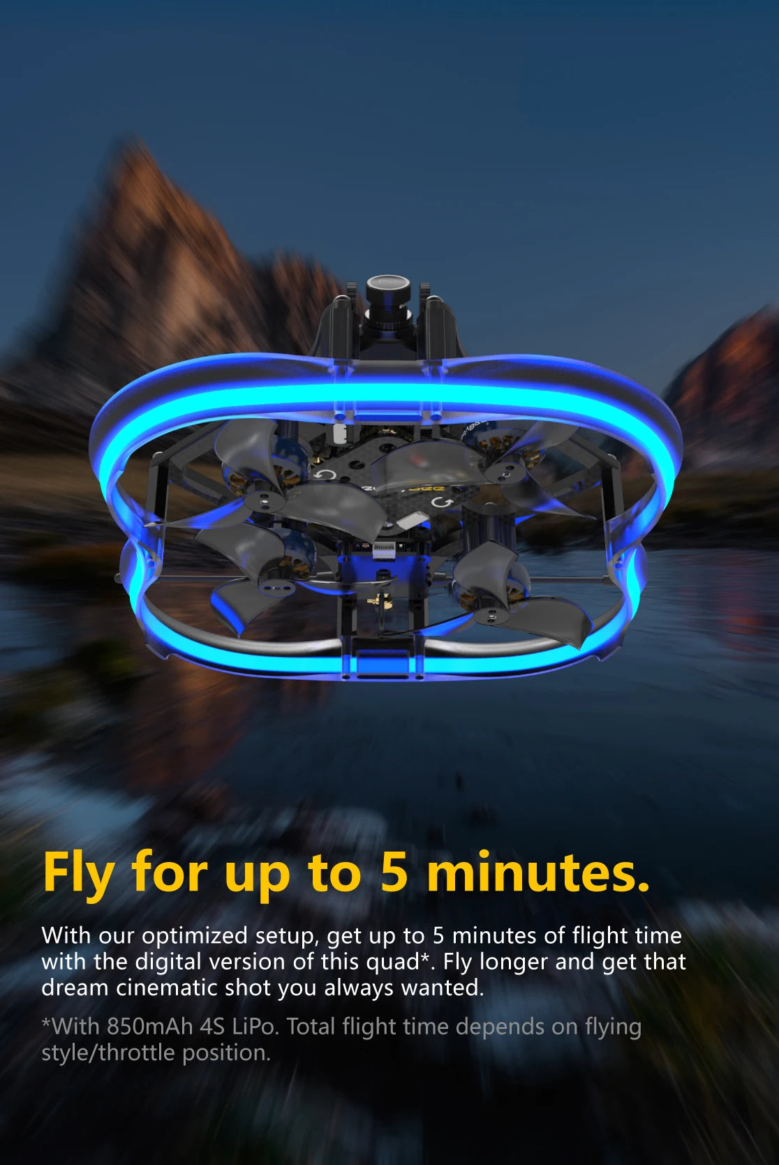 SpeedyBee F745 FreeStyle FPV Drone - 2.5 Inches 4S Quadcopter Flex25 HD with RunCam LINK Falcon 120fps Freestyle Drone F745 35A AIO Cinewhoop 15 SpeedyBee F745 FreeStyle FPV Drone, 850mAh 4S LiPo: total flight time depends on flying style/throttle