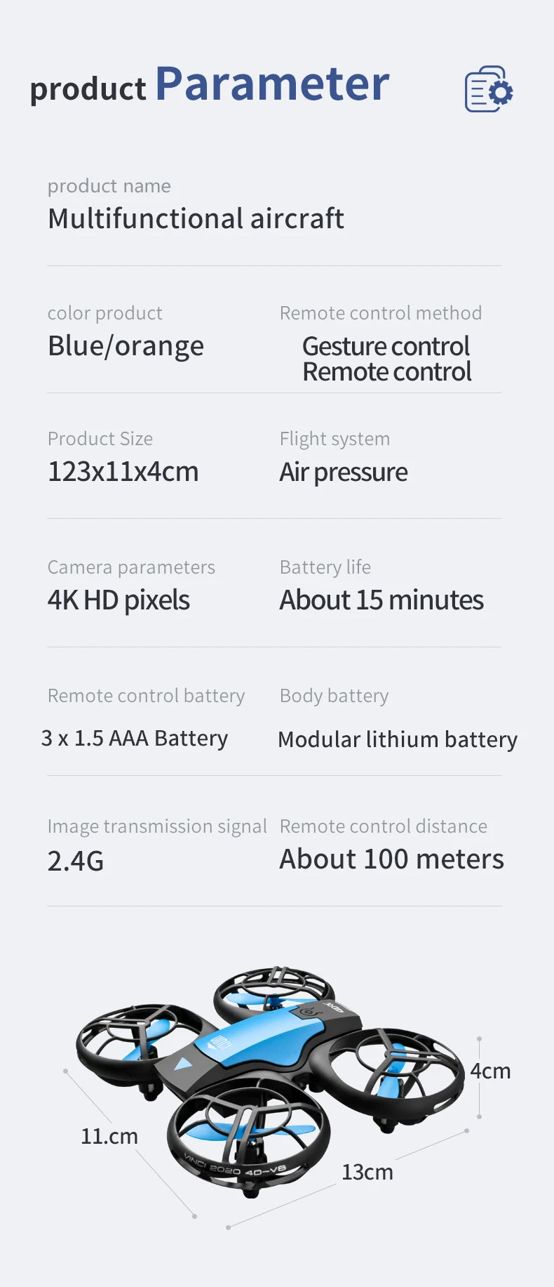 V8 Mini Drone, product parameter e product name multifunctional aircraft color product remote control method