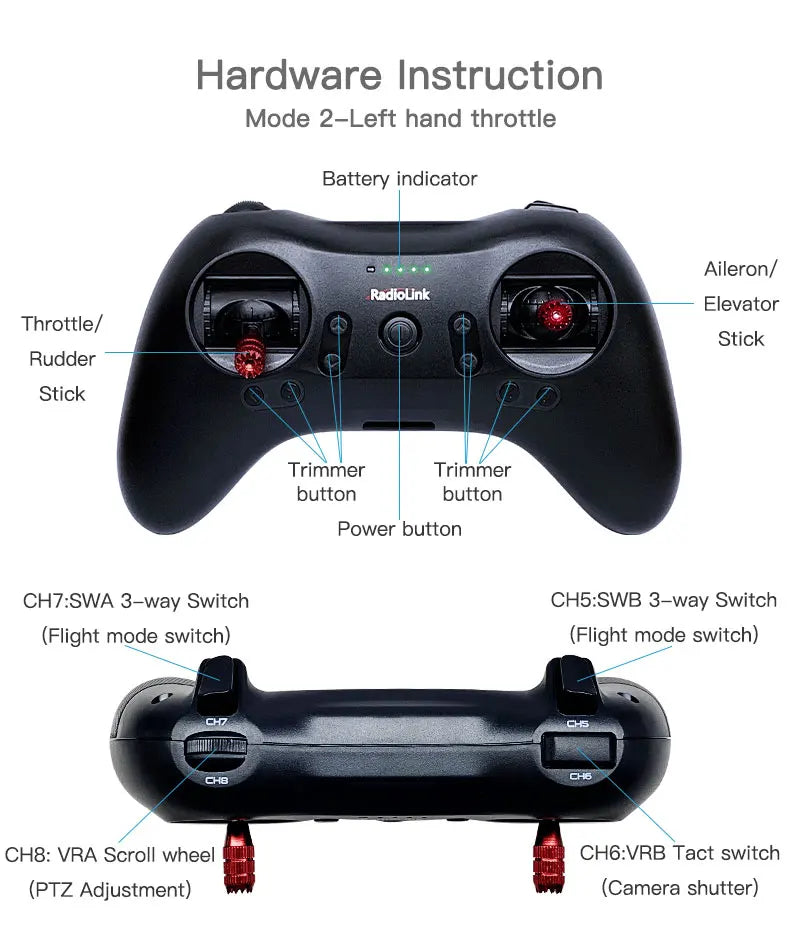 Radiolink T8S, Hardware Instruction Mode 2-Left hand throttle Battery indicator Aileron/ RadioUnk