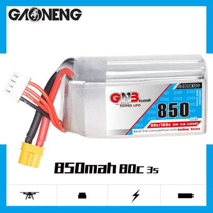 GaoNeng GNB 2S 3S 4S 6S 850mAh 80C LiPo Battery, High-performance flight with GaoNeng's LiPo batteries for FPV drones.