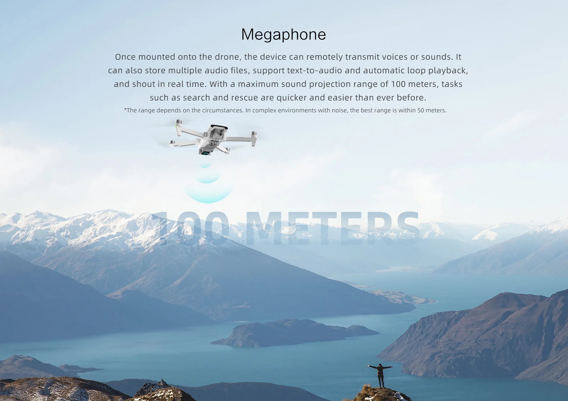 FIMI X8se 2022 V2 Drone, the drone has a maximum sound projection range of 100 meters . aQ Metf