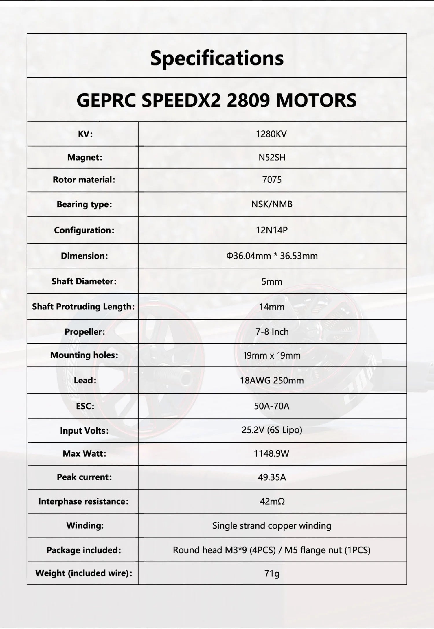 GEPRC SPEEDX2 2809 1280KV Motor, Specifications GEPRC SPEEDX2 2809 MOTORS KV: 12