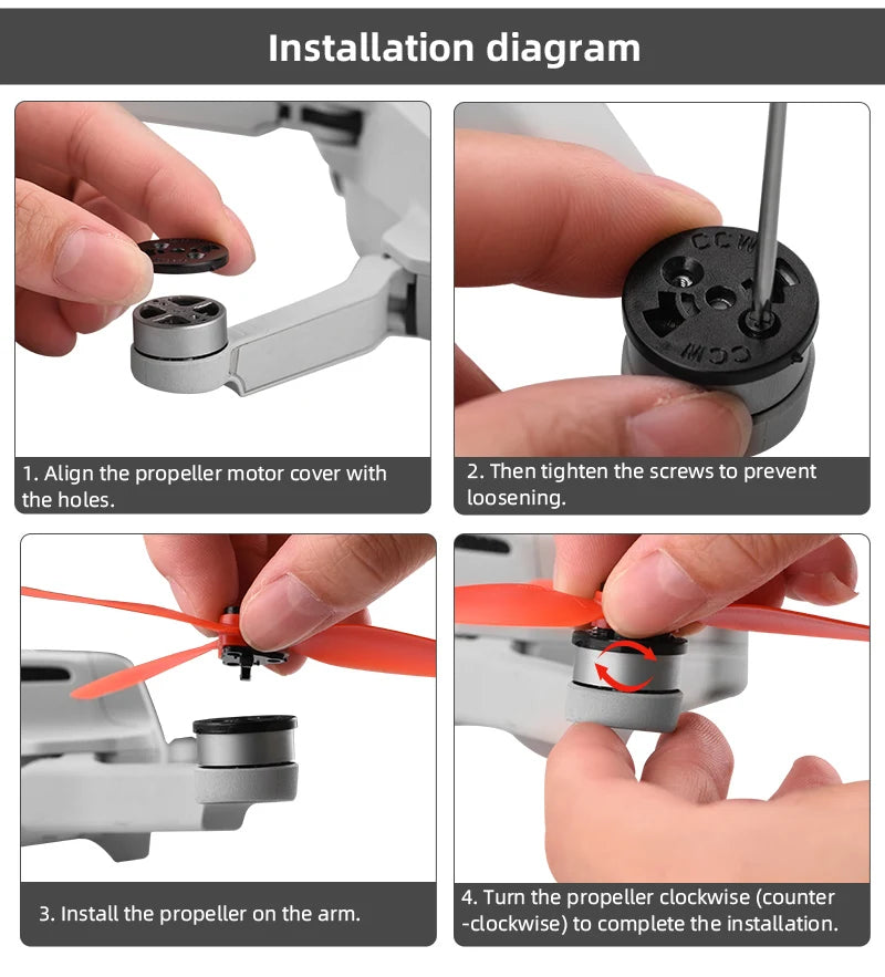 For DJI Mini 2/SE Mavic Mini Propeller, install the propeller on the arm: clockwise to complete the installation: .