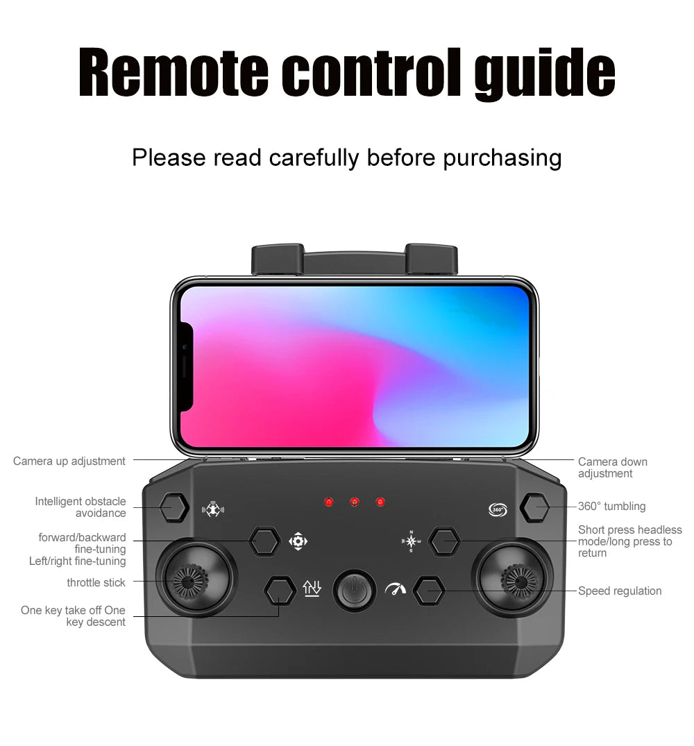 XT9 Mini Drone, remote control guide please read carefully before purchasing camera up adjustment camera down adjustment