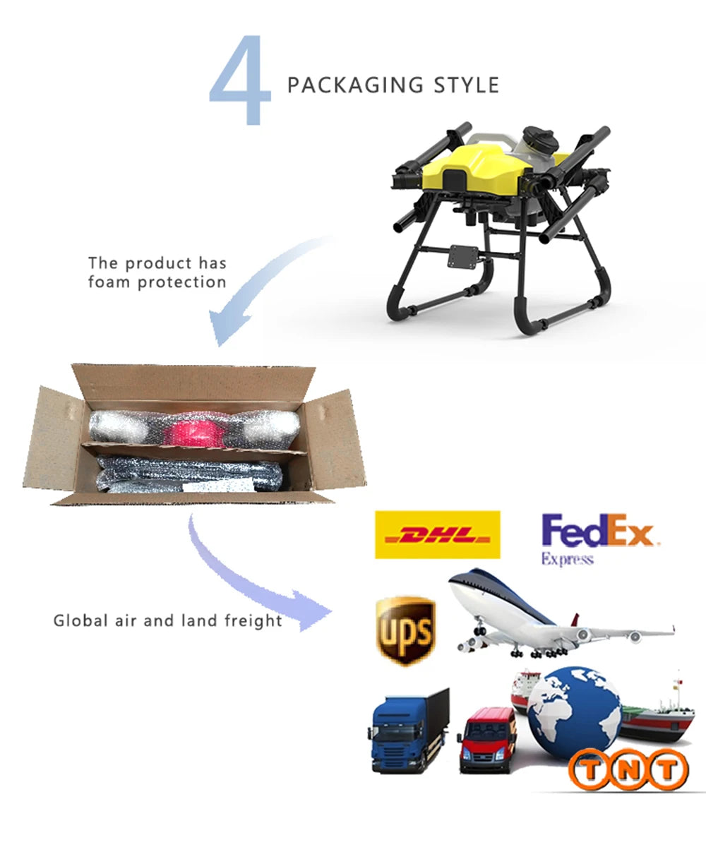 The Dreameagle X410Z drone kit has foam cushioning for safe transport and offers global shipping via FedEx Express.