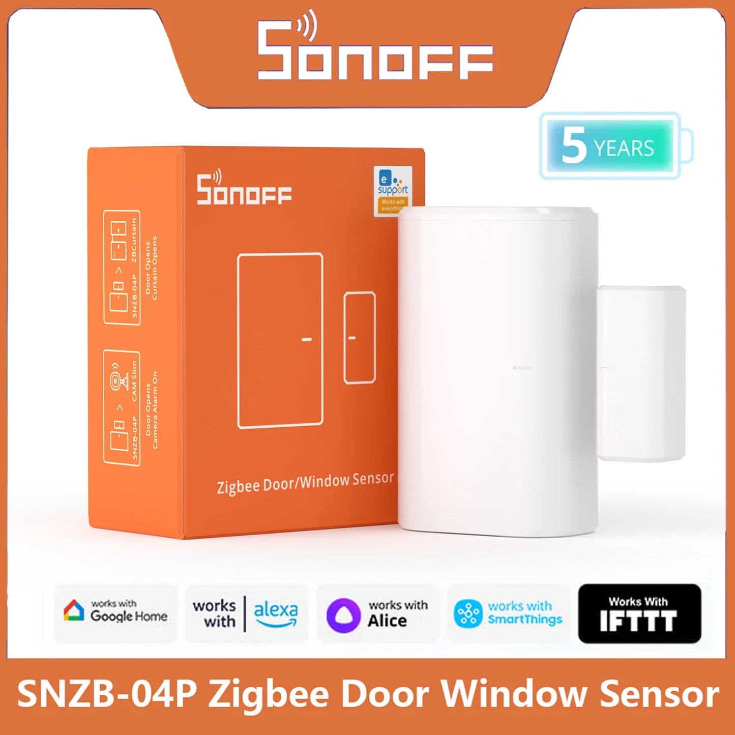 SONOFF SNZB-04P Zigbee Door Window Sensor, SONOFF SNZB-04P Zigbee door/window sensor features 5-year battery, tamper alert, local scenes, and works with Alexa, Google Home, and more. Orange packaging, white device.
