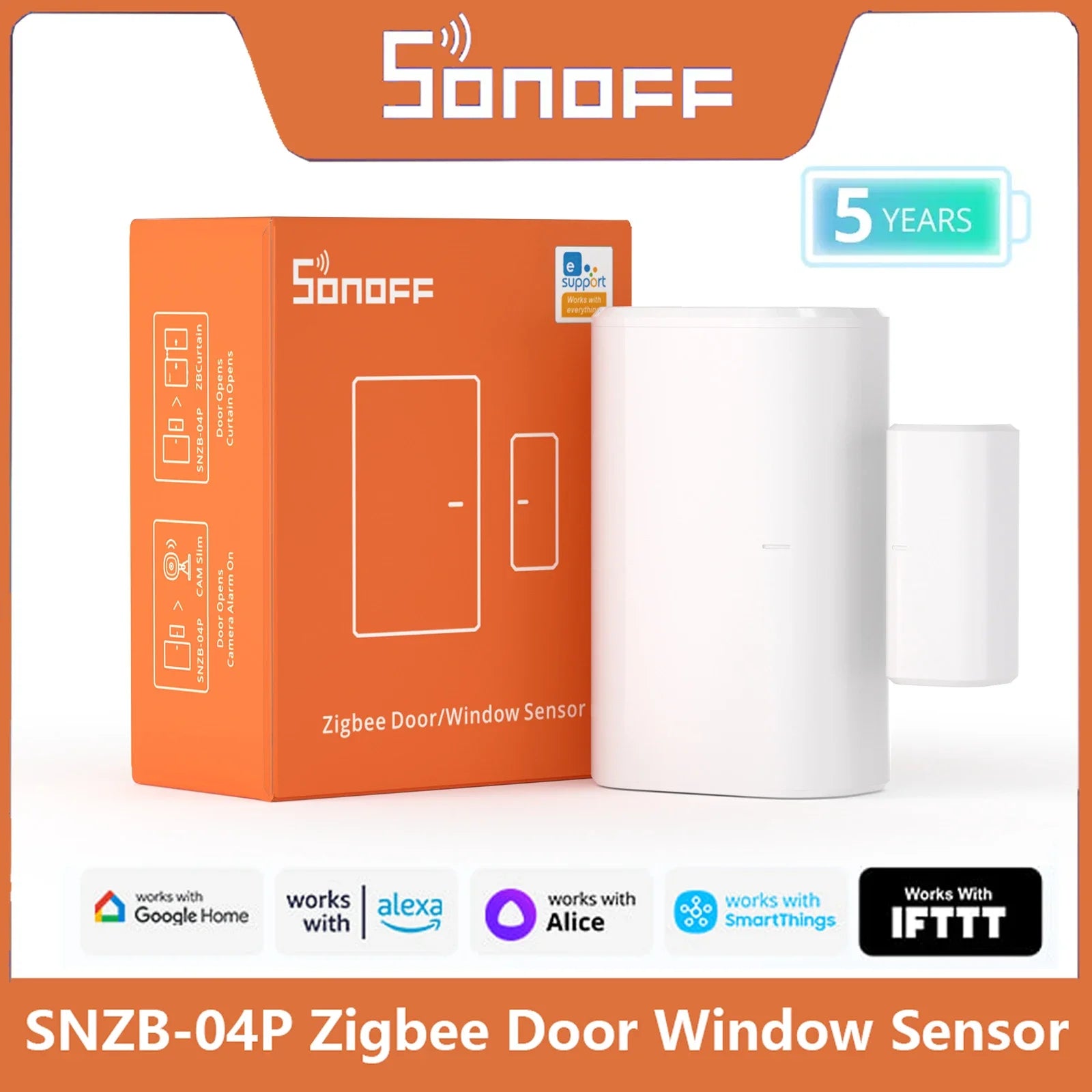 SONOFF SNZB-04P Zigbee Door Window Sensor, SONOFF SNZB-04P Zigbee door/window sensor features 5-year battery, tamper alert, local scenes, and works with Alexa, Google Home, and more. Orange packaging, white device.