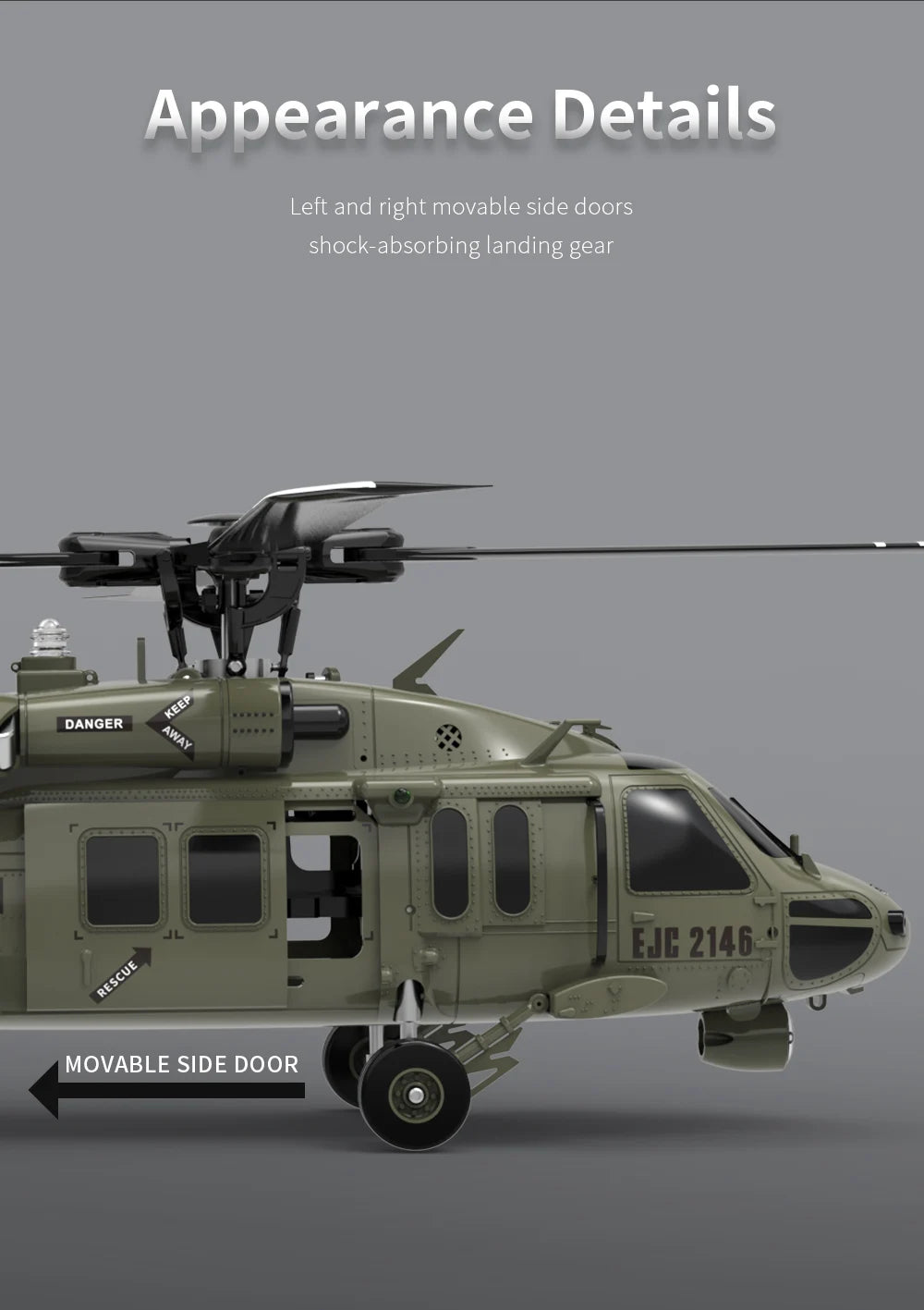 F09 6-Axis RC Helicopter, Appearance Details Left and right movable side doors shock-absorbing landing gear DANG