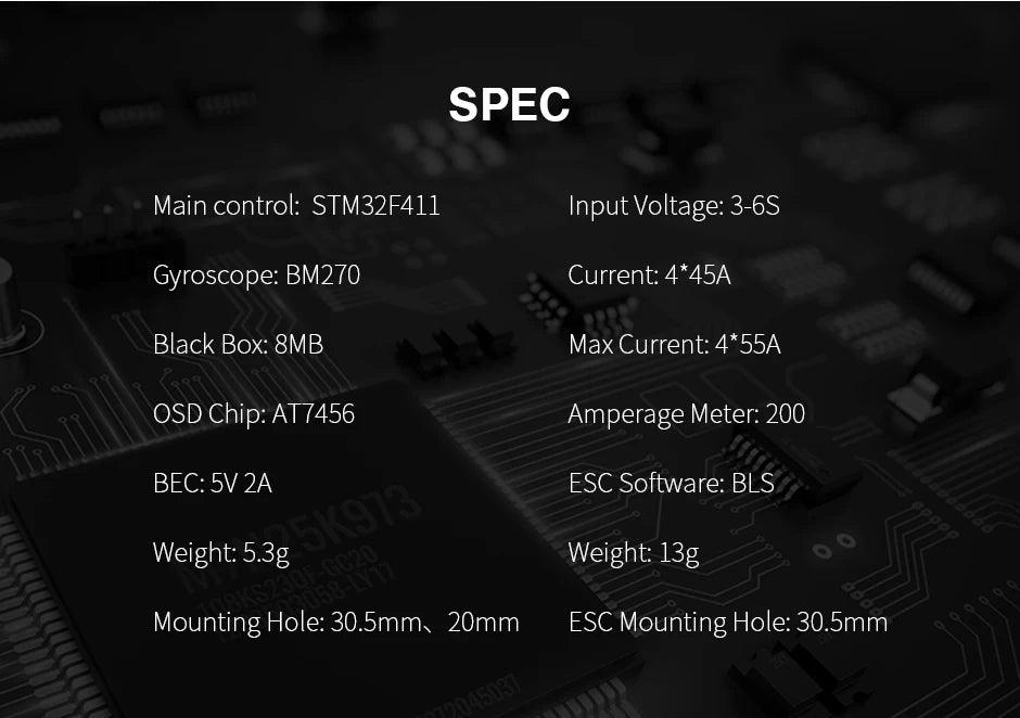 T-Motor F411+V45A LITE STACK For FPV RC Drone Freestyle Racing Quadcopter 15 ESC Software: BLS Weight: Weight: 13g 3 Mounting Hole: 30