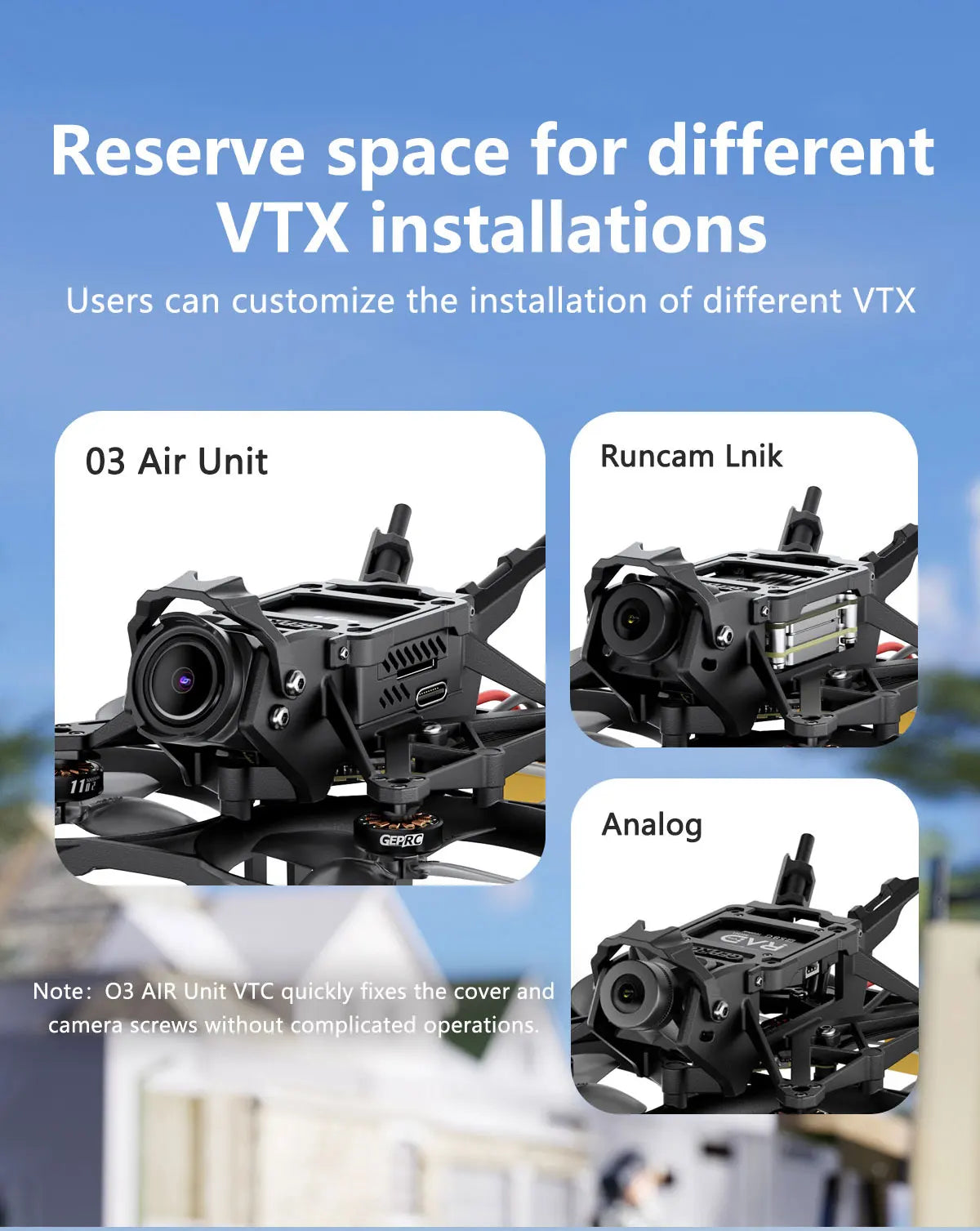 GEP-DS20 Frame 2Inch Parts Propeller Accessory, VTX 03 AIR Unit VTC quickly fixes the cover camera screws without complicated operations