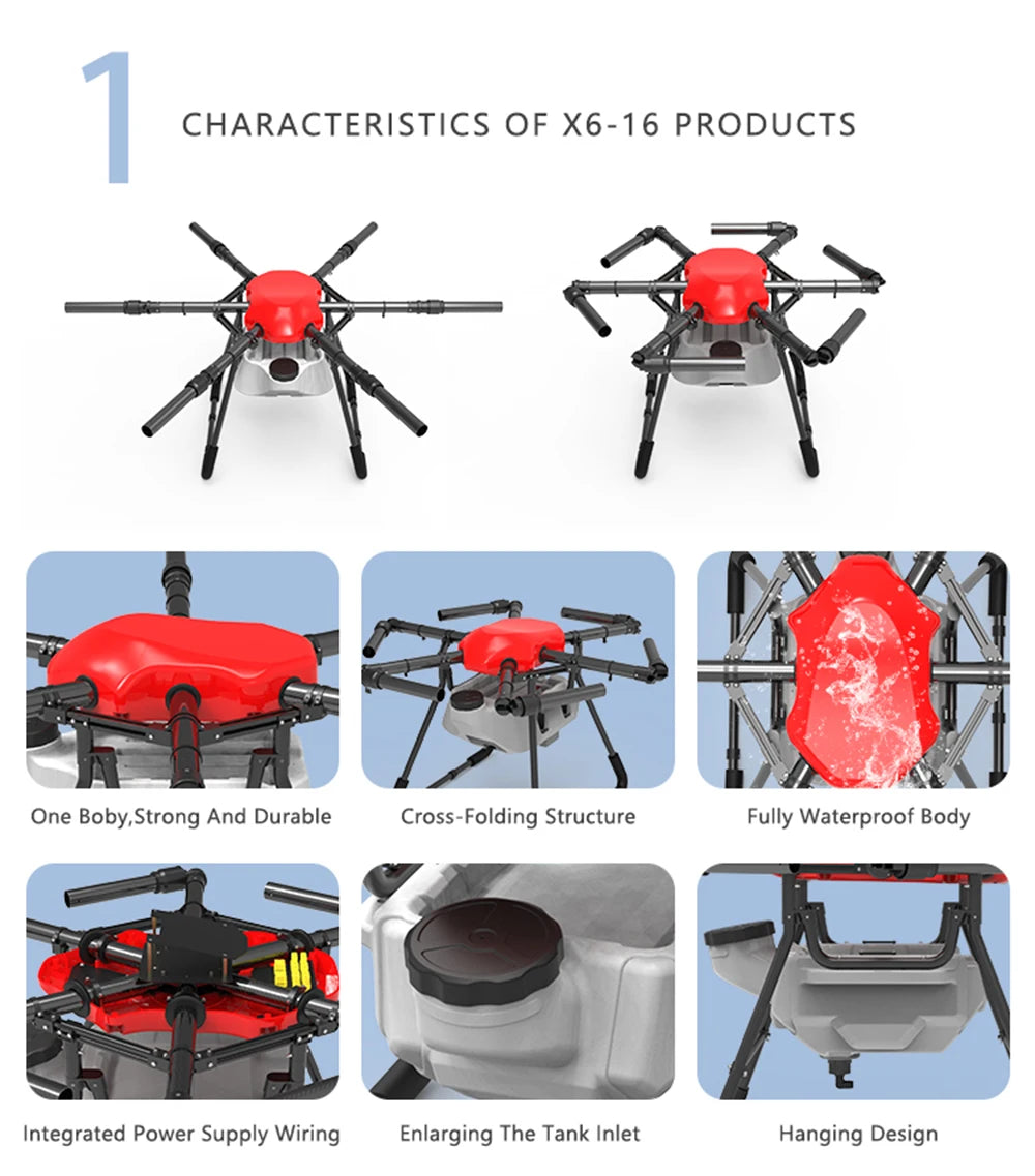 Dreameagle X616 16L 16KG Agricultural Drone, The Dreameagle X616 drone frame kit features a strong and durable design, waterproof body, and easy maintenance access.