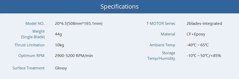 T-MOTOR G20X6.5 G22X7.2 Prop, T-MOTOR Series Zblades-integrated Weight 44g Material CF+E