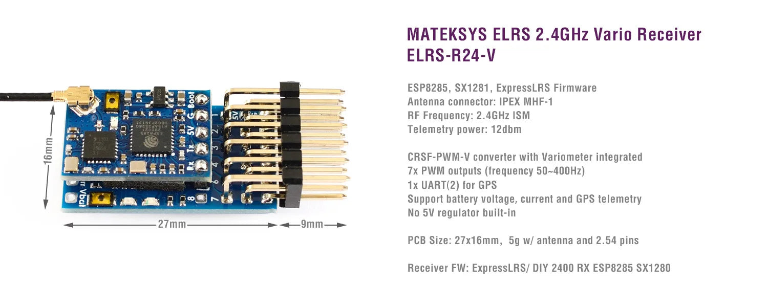 MATEK Mateksys EXPRESSLRSELRS 2.4GHZ VARIO RECEIVER 4 ELRS-R24-V ESP8285 , SX1281,
