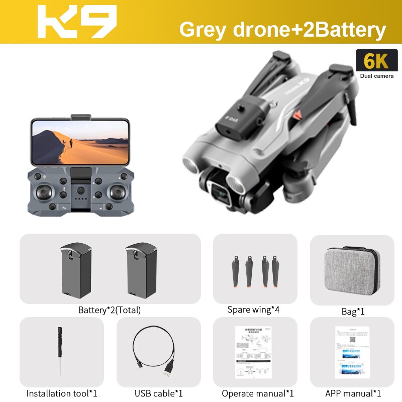 K9 RC Drone, KD Grey drone+2Battery 6K Dual camera Battery