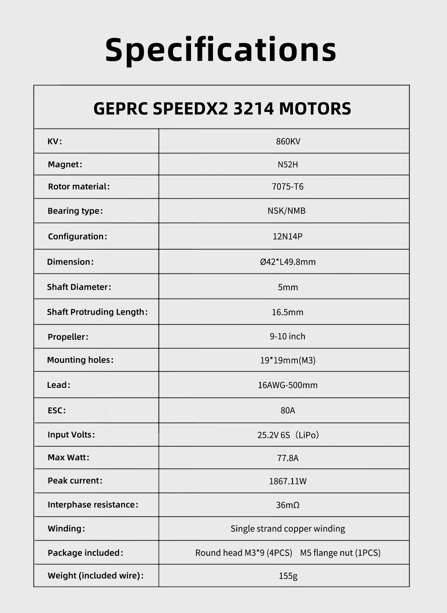 GEPRC SPEEDX2 3214 860KV Motor, Specifications GEPRC SPEEDX2 3214 MOTORS KV: 8