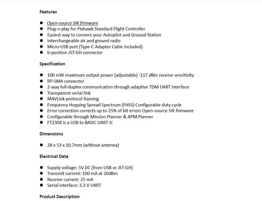 Holybro SiK Telemetry, Qpen-source SIK firmware Plug-n-play for Pixhawk Standard Flight Controller