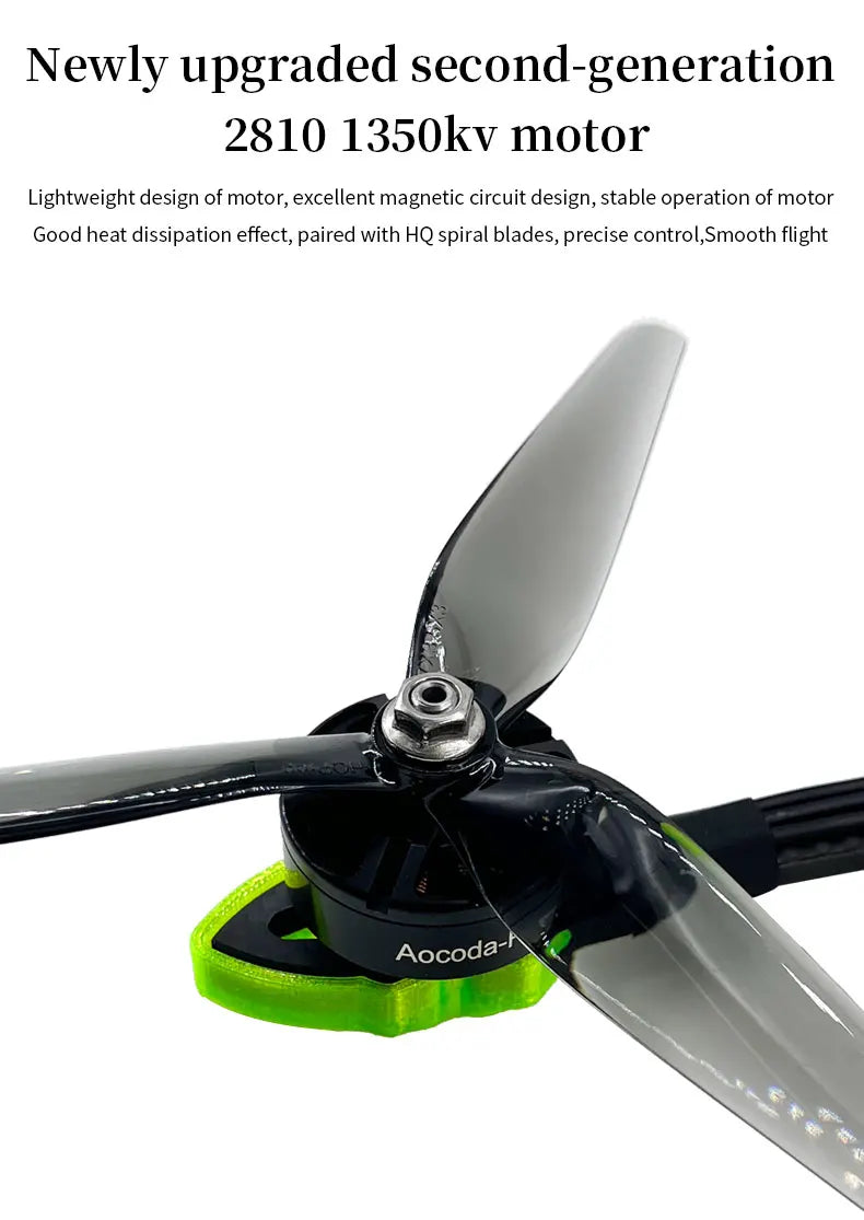 Aocoda-RC AO7 7 inch FPV, Upgraded motor with 1350kv and lightweight design for stable and smooth flight, with effective heat dissipation and precise control.