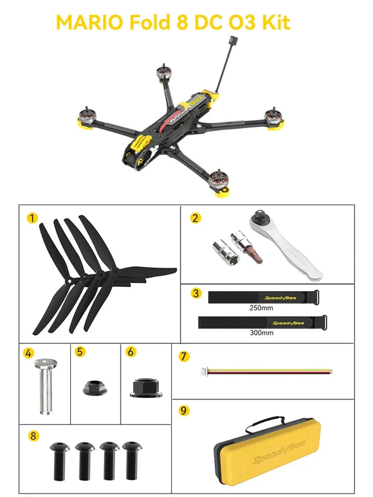 SpeedyBee Mario Fold 8 DC 8 Inch FPV, Product description of a drone, including features like long range and brushless motor.