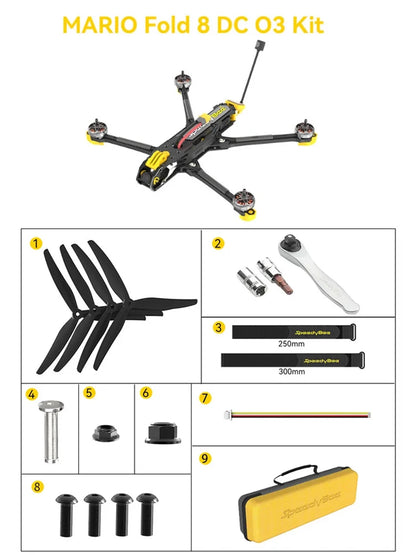 SpeedyBee Mario Fold 8 DC 8 Inch FPV, Product description of a drone, including features like long range and brushless motor.