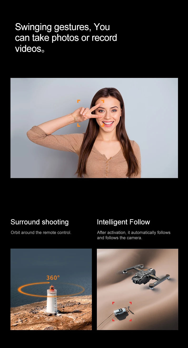 RG700 Pro Drone, Automatically captures 360-degree moments with Orbit Mode, following your movements via remote control.