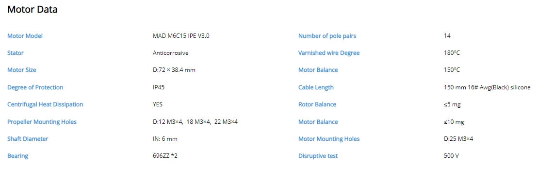 MAD M6C15 IPE V3 drone motor with KV170/300 design for long flight times and corrosion-resistant features.