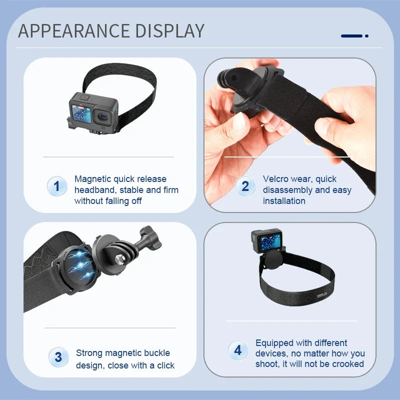 STARTRC Universal Magnetic Head Strap, Magnetic quick-release headband with Velcro and buckle, compatible with action cameras for stable, easy mounting. (16 words)