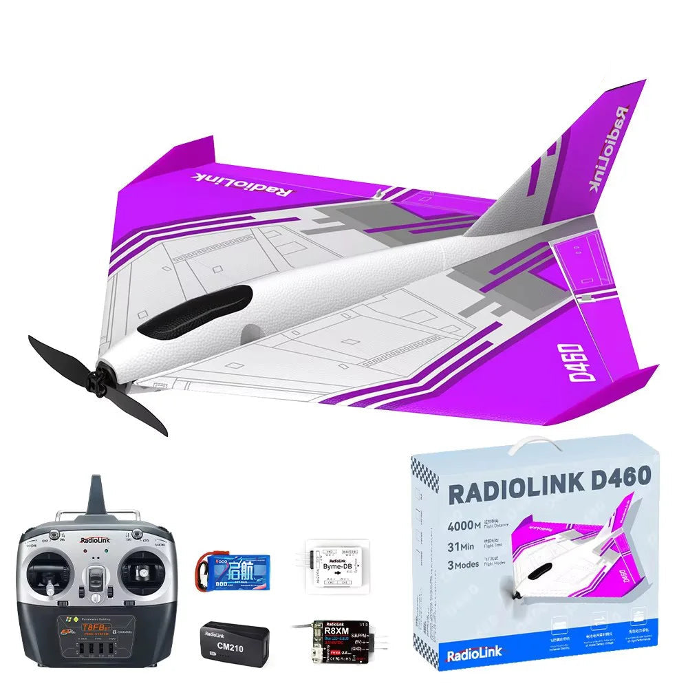 RadioLink Turbot D460 RTF RC Airplane, Radiolink D460 RTF delta wing RC airplane: 7-channel, foam, 4km range, 31min flight, 3 modes; includes remote, battery, receiver, and box.