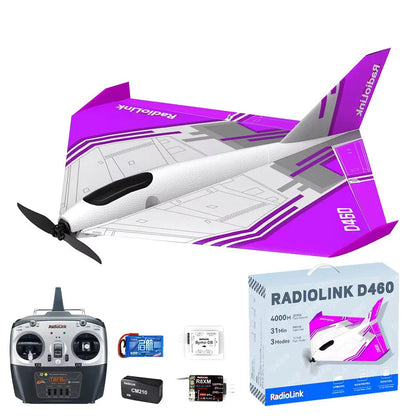 RadioLink Turbot D460 RTF RC Airplane, Radiolink D460 RTF delta wing RC airplane: 7-channel, foam, 4km range, 31min flight, 3 modes; includes remote, battery, receiver, and box.