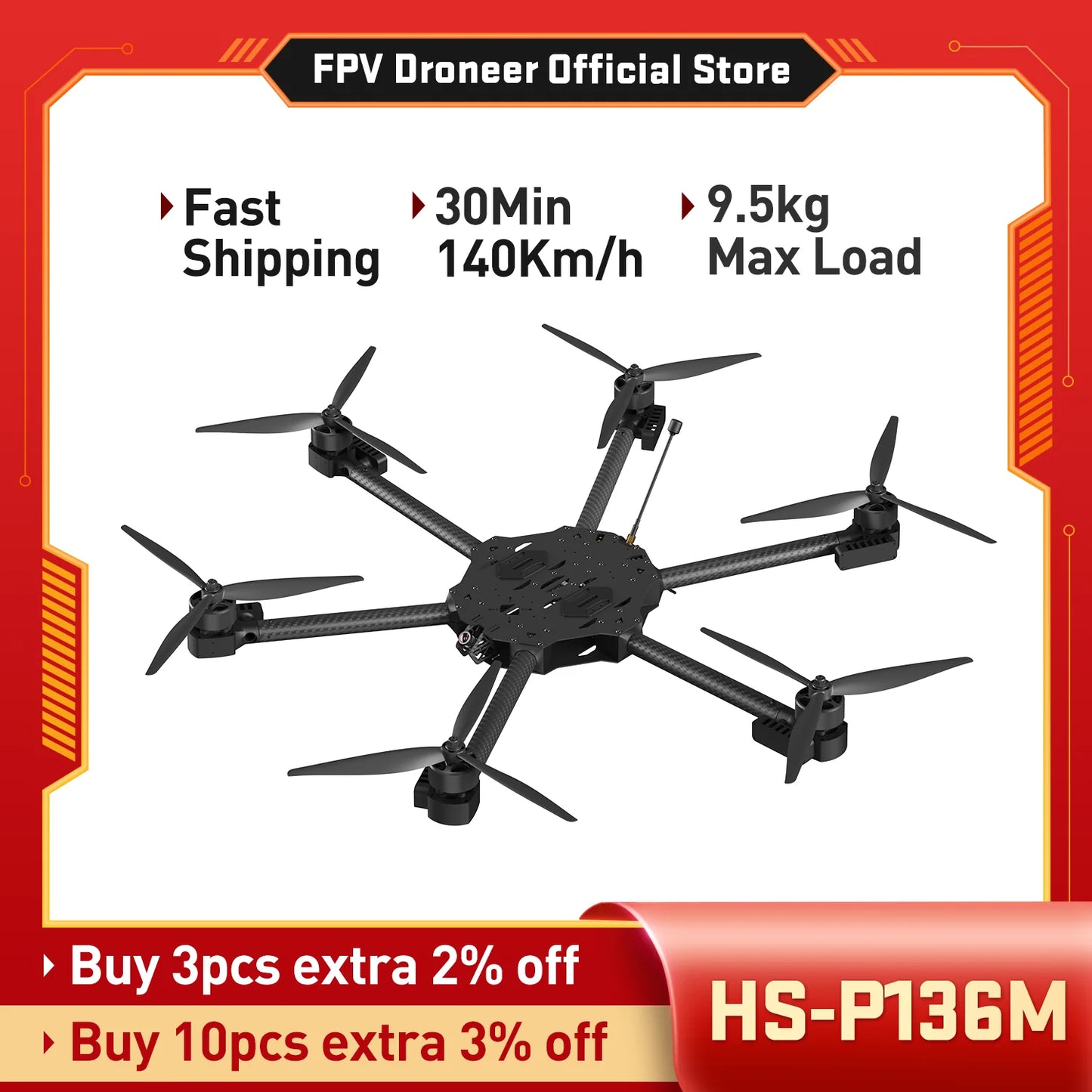 HS-P136M drone features fast shipping, 30-min flight, 140 km/h speed, 9.5 kg payload. Bulk buy: 2% off for 3, 3% off for 10 units.