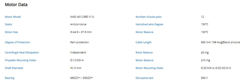 MAD 4012 EEE Drone Motor: 6S brushless, anti-corrosive design, IP67-rated, compact size.