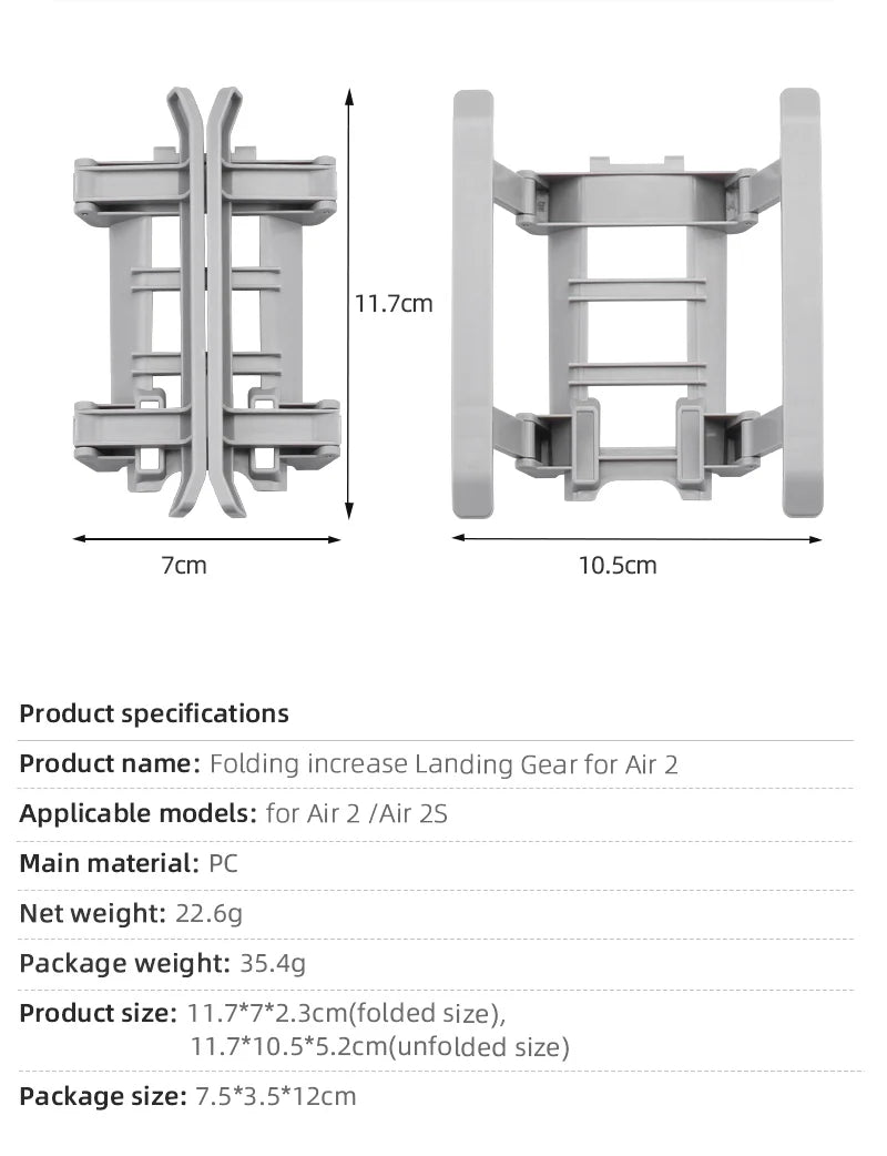 Extensions Landing Gear for DJI Mavic Air 2/2S Drone Extended Leg Quick Release Support Protector for Mavic air 2S Accessories 13 Extensions Landing Gear, 11.7cm 7cm 10.Scm Product specifications Folding increase Landing Gear