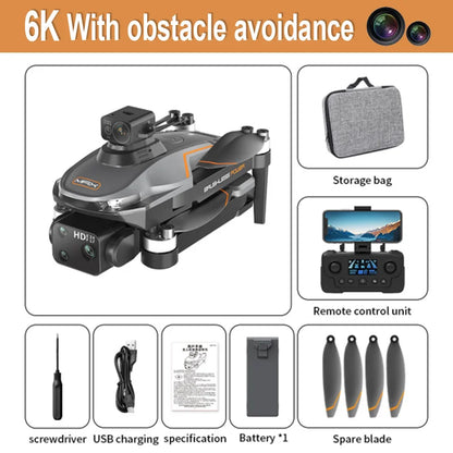 A22 Drone, Camera kit includes 6K camera with obstacle avoidance, storage, remote control, screwdriver, charging, specifications, battery, and accessories.