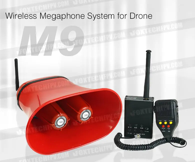 Foxtech M9 Drone Speaker, Wireless megaphone drone speaker with 15km range, 120W output, and 15dB loudspeaker.