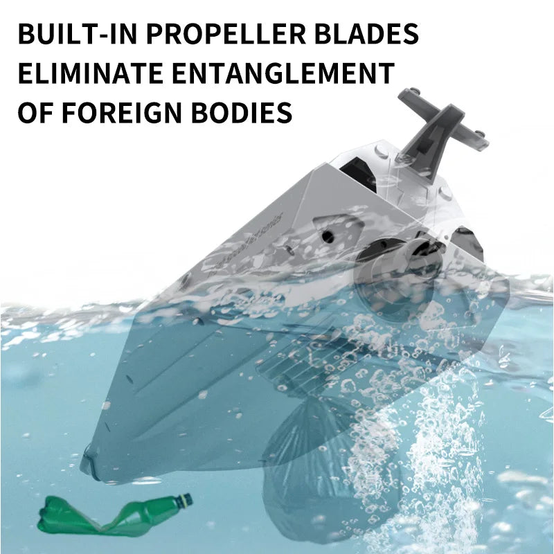 TY727 RC Boat, High-speed RC boat features built-in propeller blades to prevent entanglement, auto capsize reset, and low battery alarm for safety and convenience.