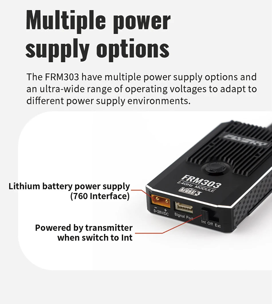 FLYSKY FRM303 2.4GHz TX Module - AFHDS3 Extended Range 25mW-2W Over 80KM Signal Enhancement For PL18 EL18 PPM SBUS RC FPV Drone 12 FLYSKY FRM303 2.4GHz TX Module, FRM3O3 have multiple power supply options and an ultra-wide range of operating voltage