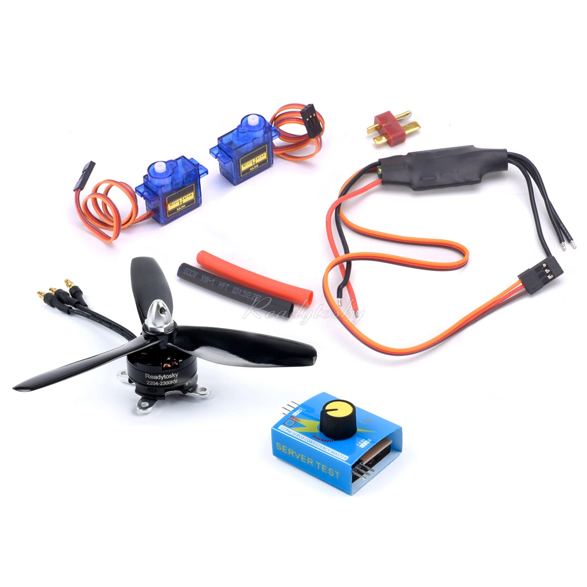 This product includes a high-power ESC, 2204 brushless motor, SG90 servo, and servo tester for RC aircraft DIY.