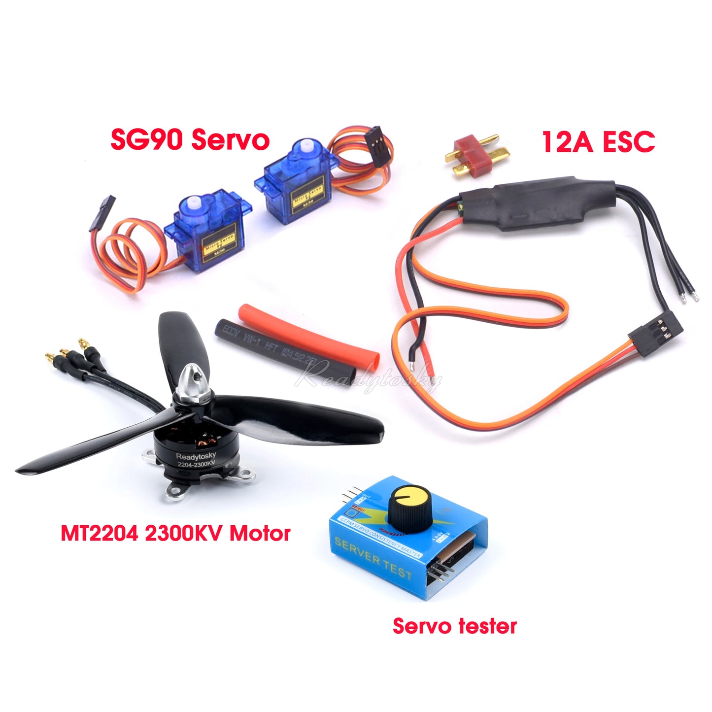 High-power ESC, MT2204 2300KV motor, 12A ESC, SG90 servo, and tester for RC aircraft DIY fans.