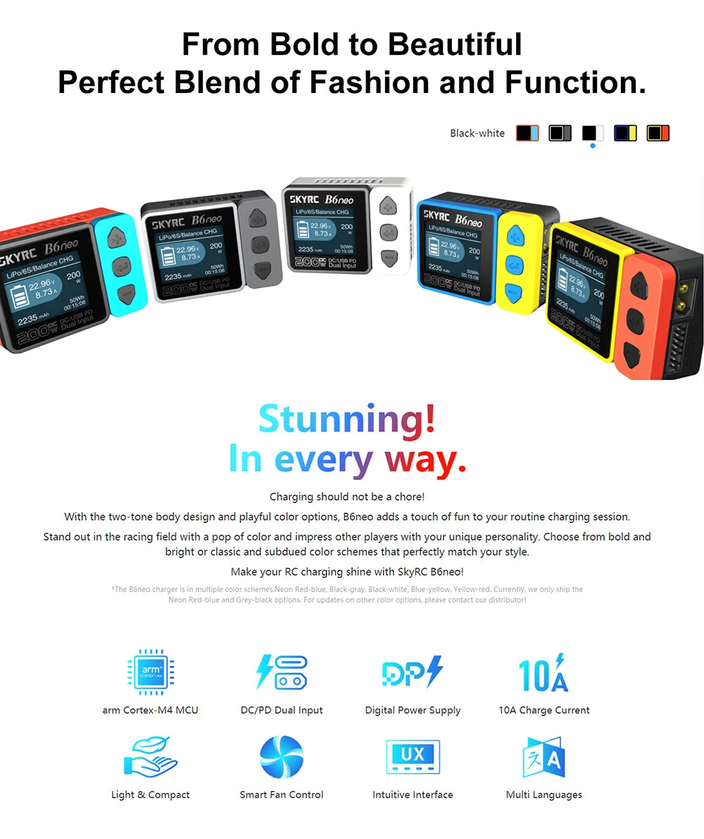 2023 SkyRC B6neo Smart Charger, the two-tone body design and playful color options, B6neo adds touch