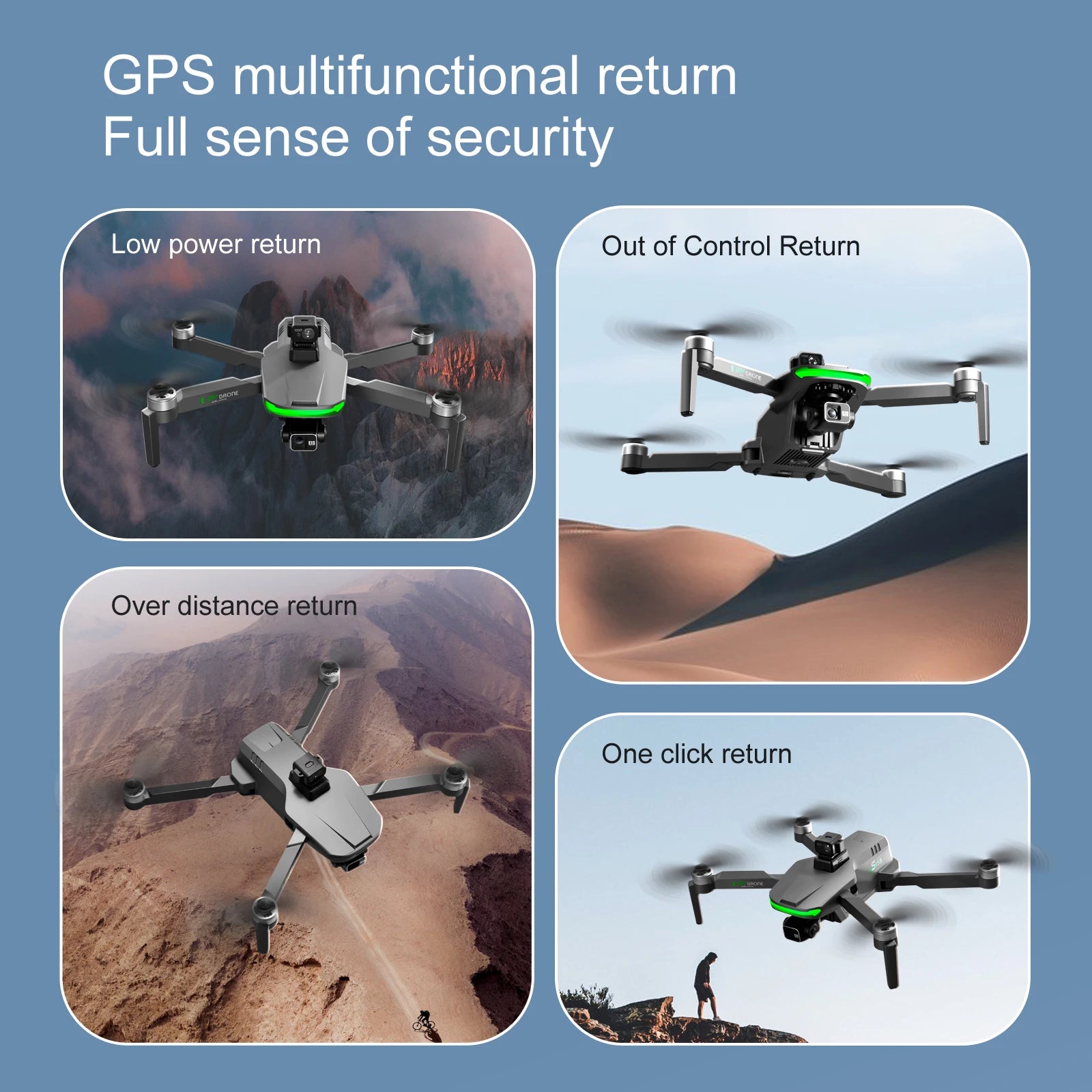 S155 Drone, GPS multifunctional return Full sense of security Low power return Out of Control Return Over distance return One