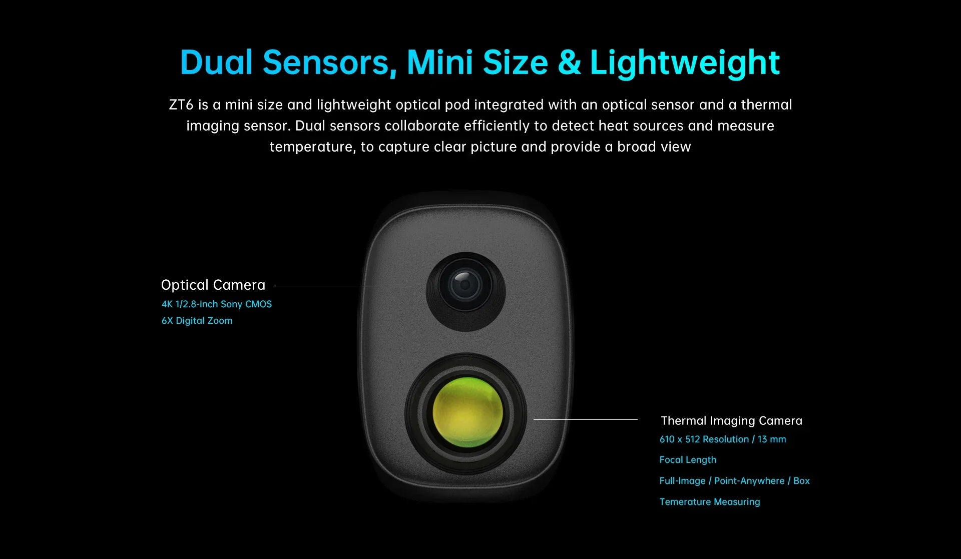 SIYI ZT6 Mini Dual Sensor Optical Pod, Compact thermal imaging camera with optical sensor for heat detection and image capture.