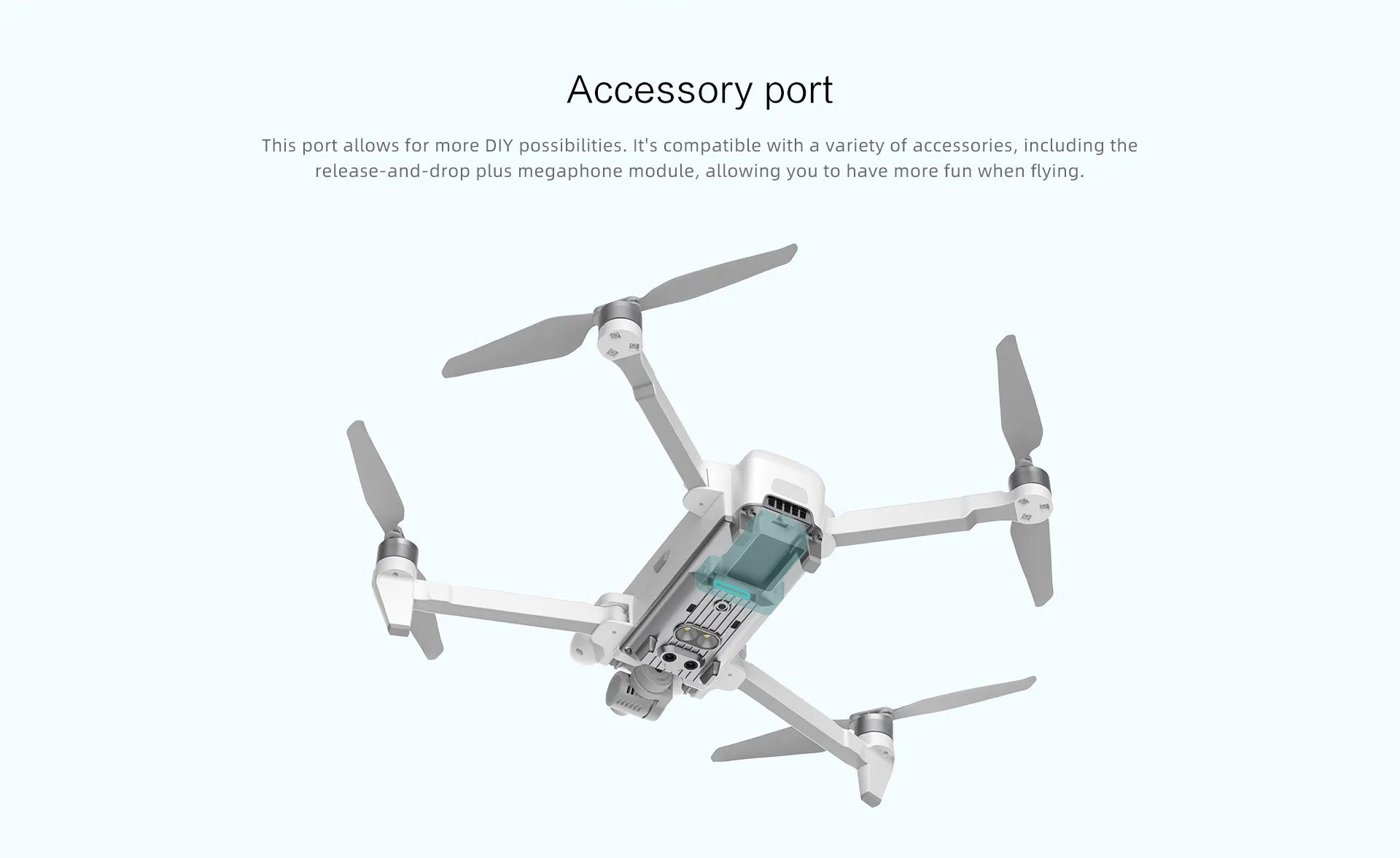 FIMI X8se 2022 V2 Drone, port is compatible with release-and-drop plus megaphone module . it's compatible