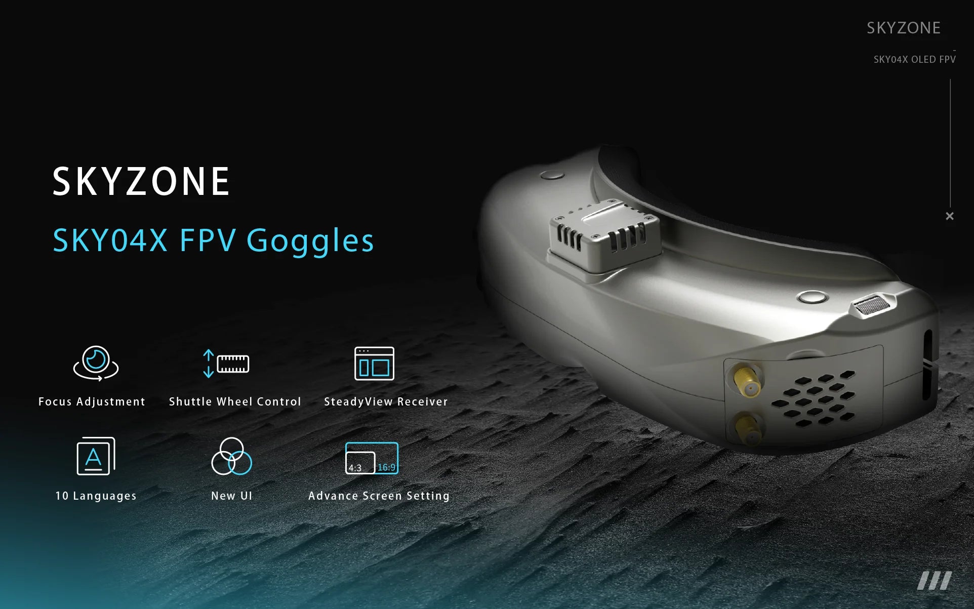 SKYZONE SKY04X V2  FPV Goggle, Focus Adjustment Shuttle Wheel Control SteadyView Receiver 4.3 16.9 10 Language