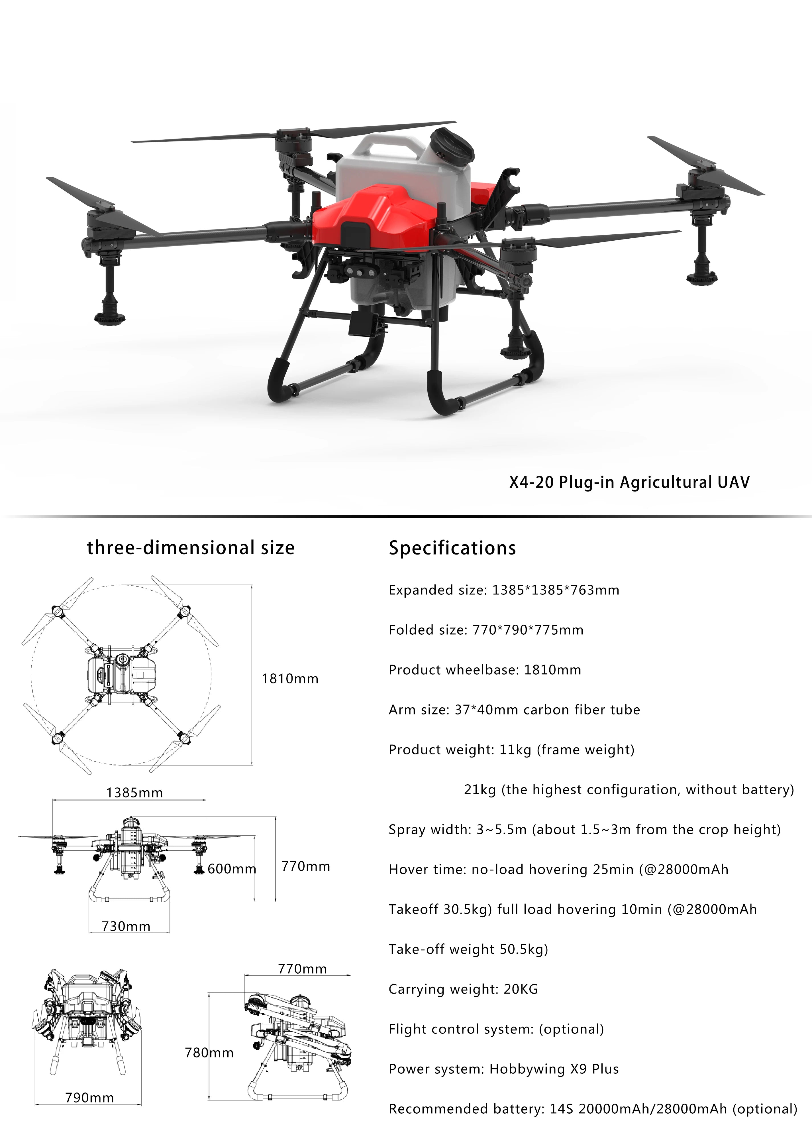 The Dreameagle X420 agricultural spray drone features an expanded size of 1385mm x 1385mm x 763mm and weighs up to 21kg.