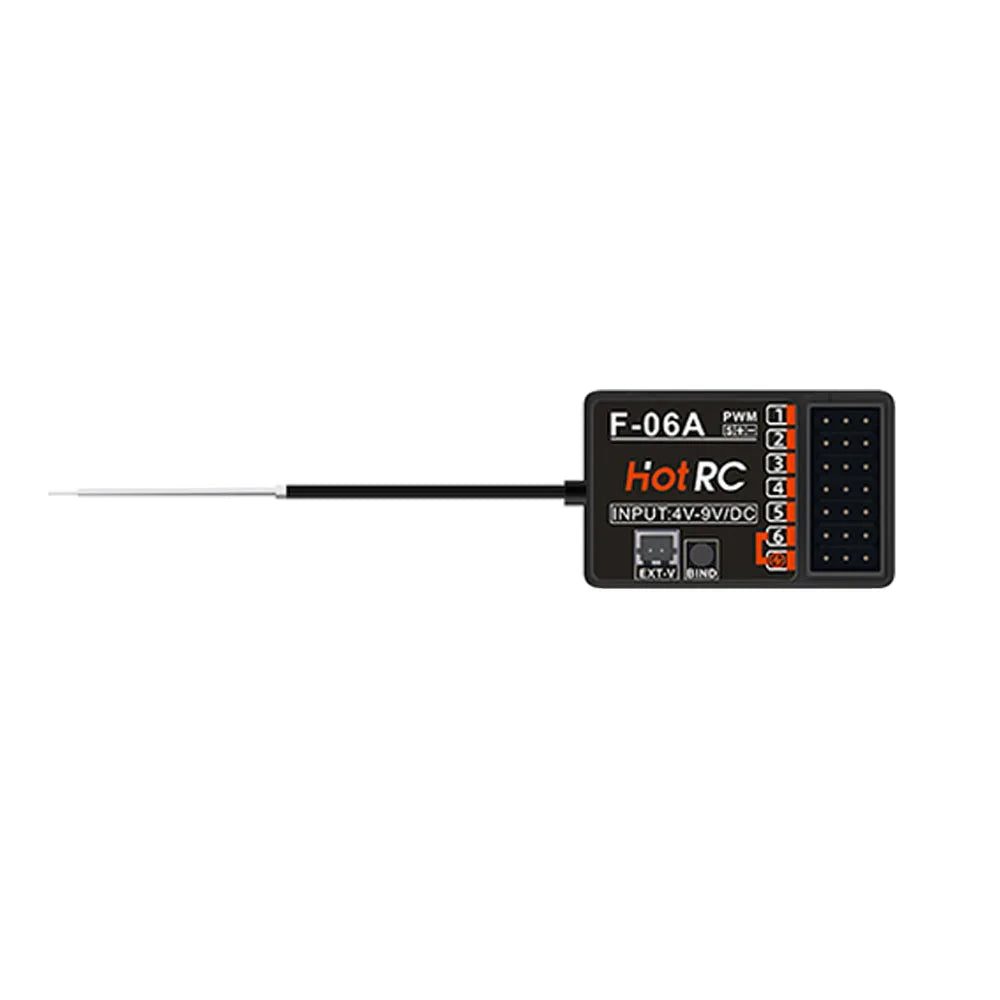 F-06A HotRC 6CH receiver features 4V-9V DC input, PWM output, GFSK FHSS technology, and up to 300m range for reliable drone control.