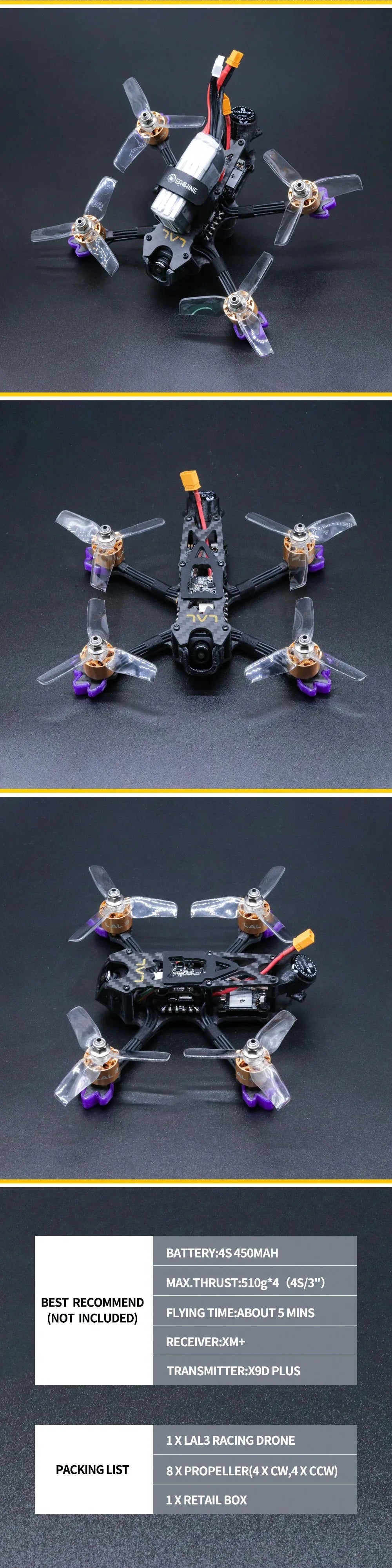 TCMMRC LAL3 FPV Racing Drone, FLYING TIME:ABOUT 5 MINS RECEIVER:XM+