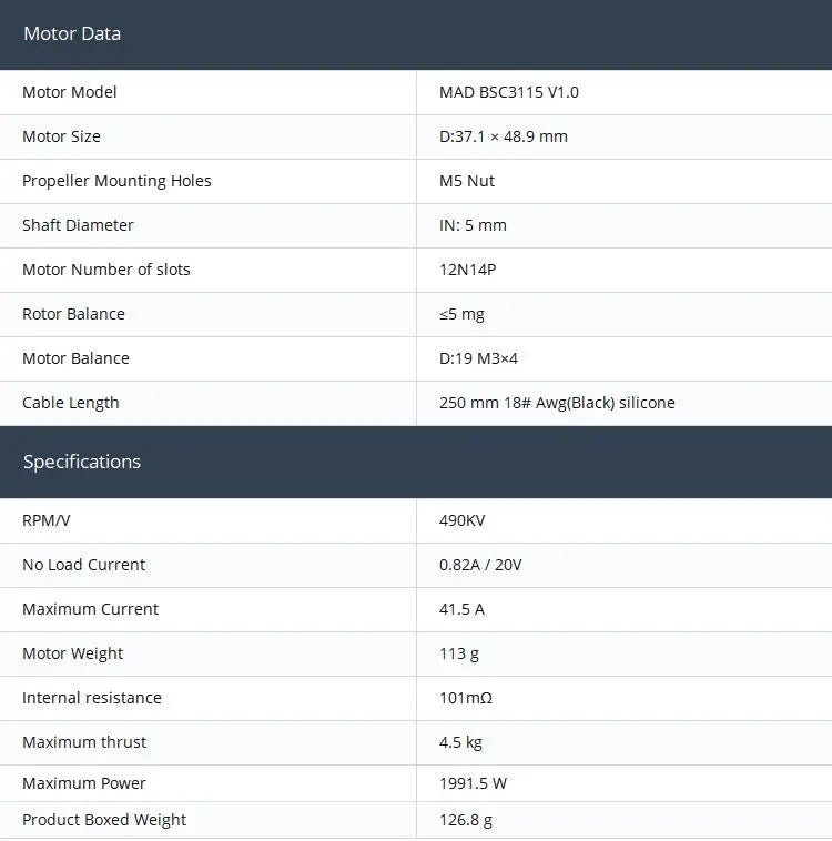 MAD BSC3115 FPV Drone Motor, High-performance brushless motor for quadcopters, available in 3 KV options and 2S or 6S battery configurations.